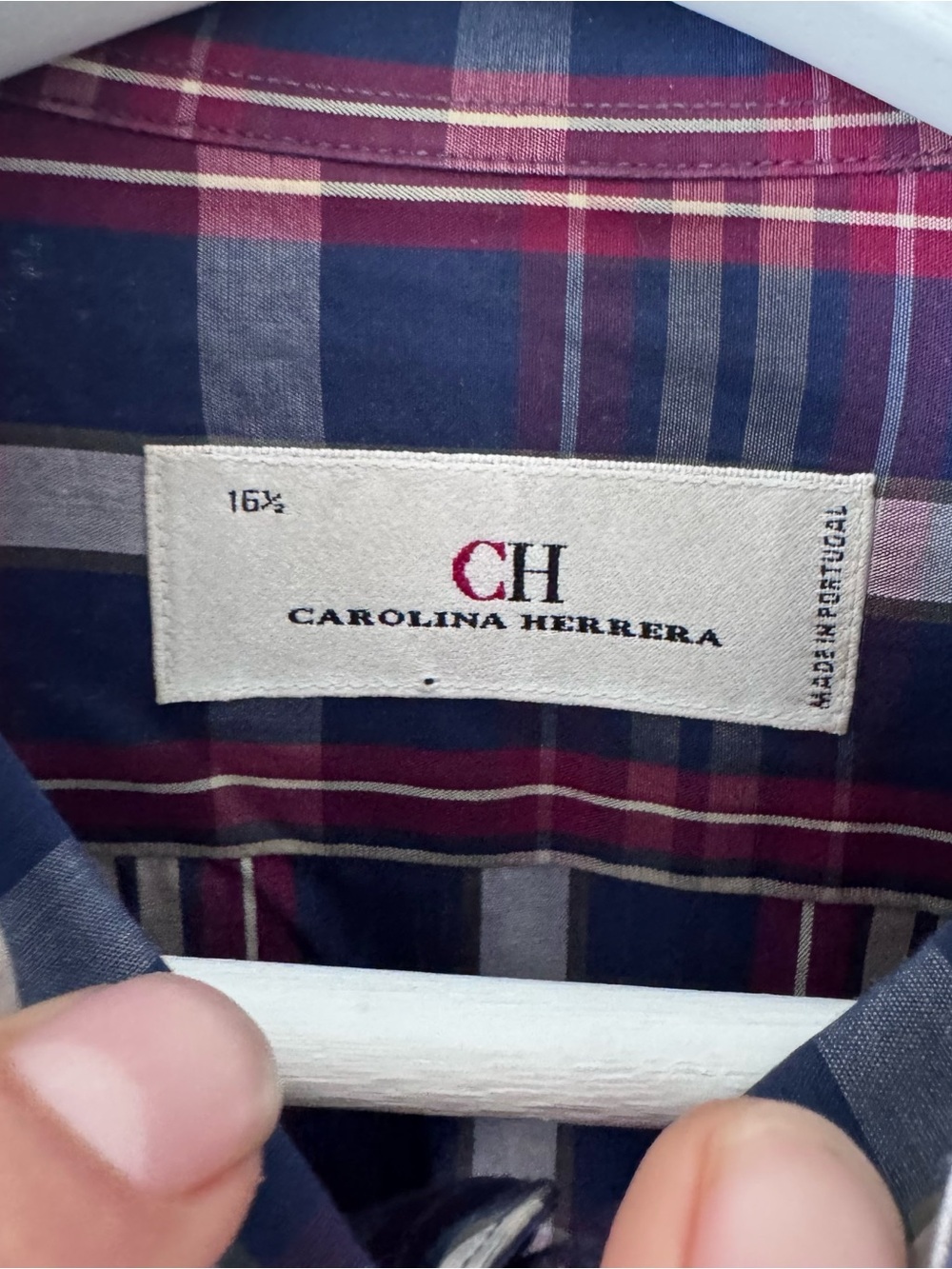 Carolina Herrera Navy and Red Plaid Button-Down Shirt - Picture 2 of 4